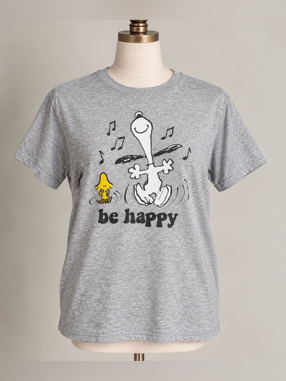 Peanuts Snoopy Woodstock Be Happy Graphic T-Shirt Gray Medium-Large